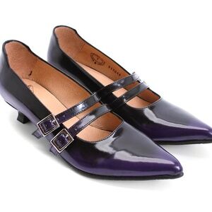 Fluevog Half Truth Tanya purple and black leather kitten heels